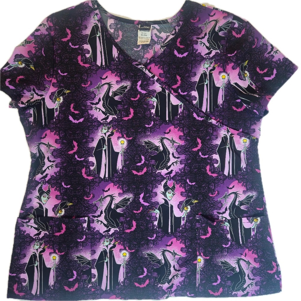 Disney Villains‎ Scrub Top Womens XL Purple Maleficent Dragon Mock Wrap V-Neck